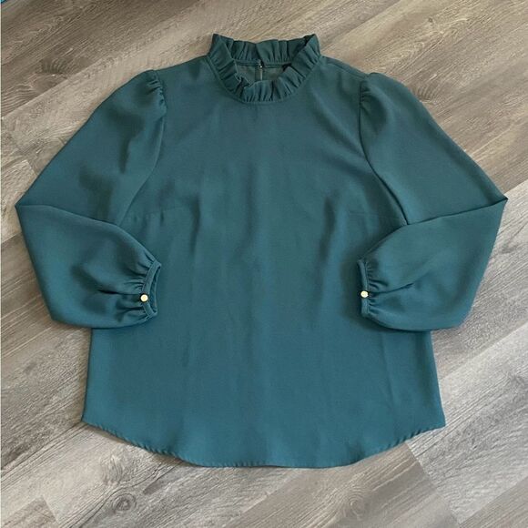 J. Crew Ruffle Blouse Dark Green Golden Buttons Small Academia Chic - Picture 2 of 7